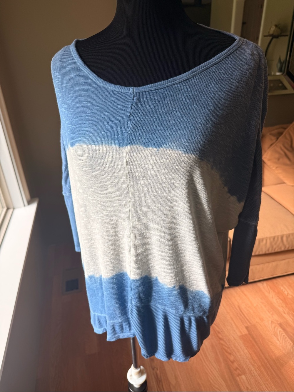 RXB Textured Cotton Blue Cream Colorblock Lightweight Knit Top